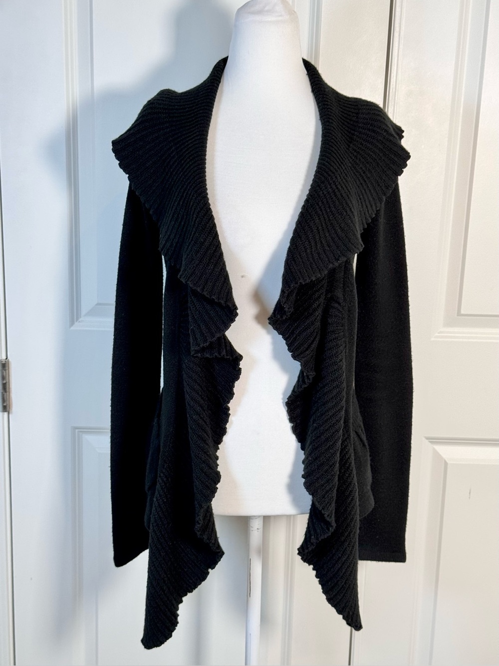 Ariella Black Waterfall Cardigan Sweater Small Belted Ruffle Shawl Collar Office